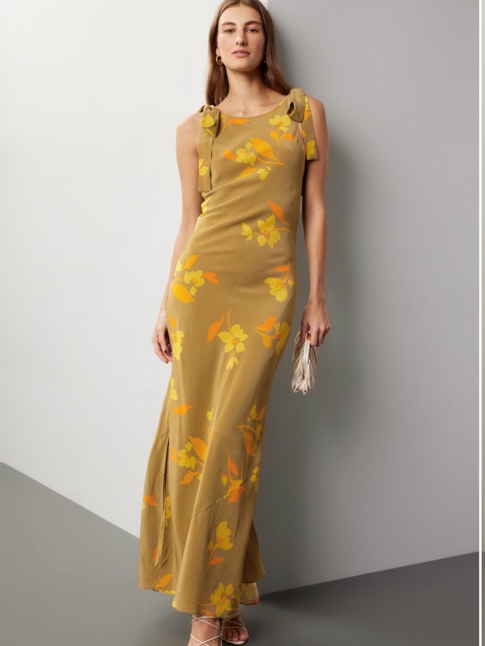Olive Floral Tie-Shoulder Maxi Dress